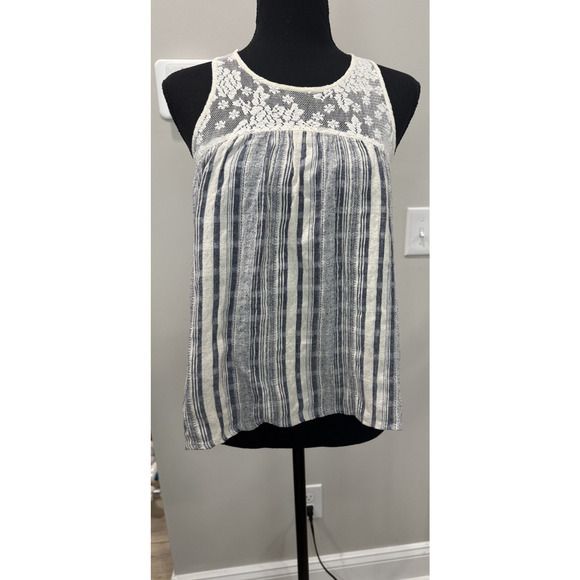 Boho Chloe & Katie Lace Linen-Looking Tank Top Stripes Neutral Ivory Blue Medium - Picture 1 of 10